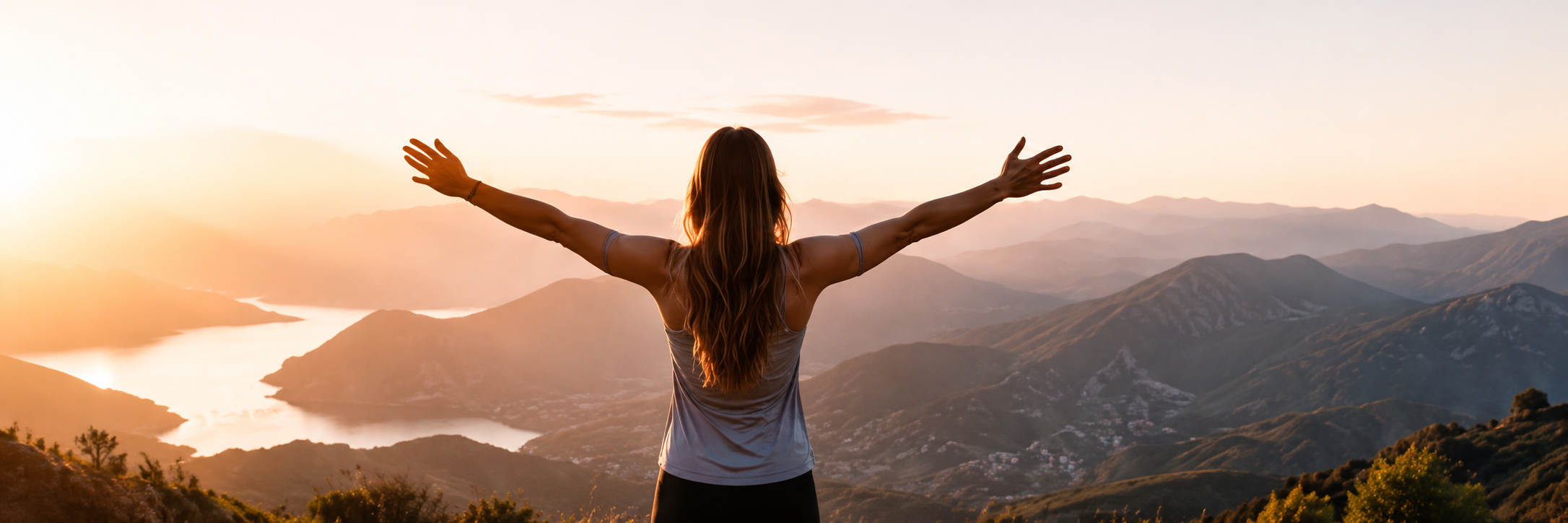 Woman on a mountain at sunrise, arms raised
